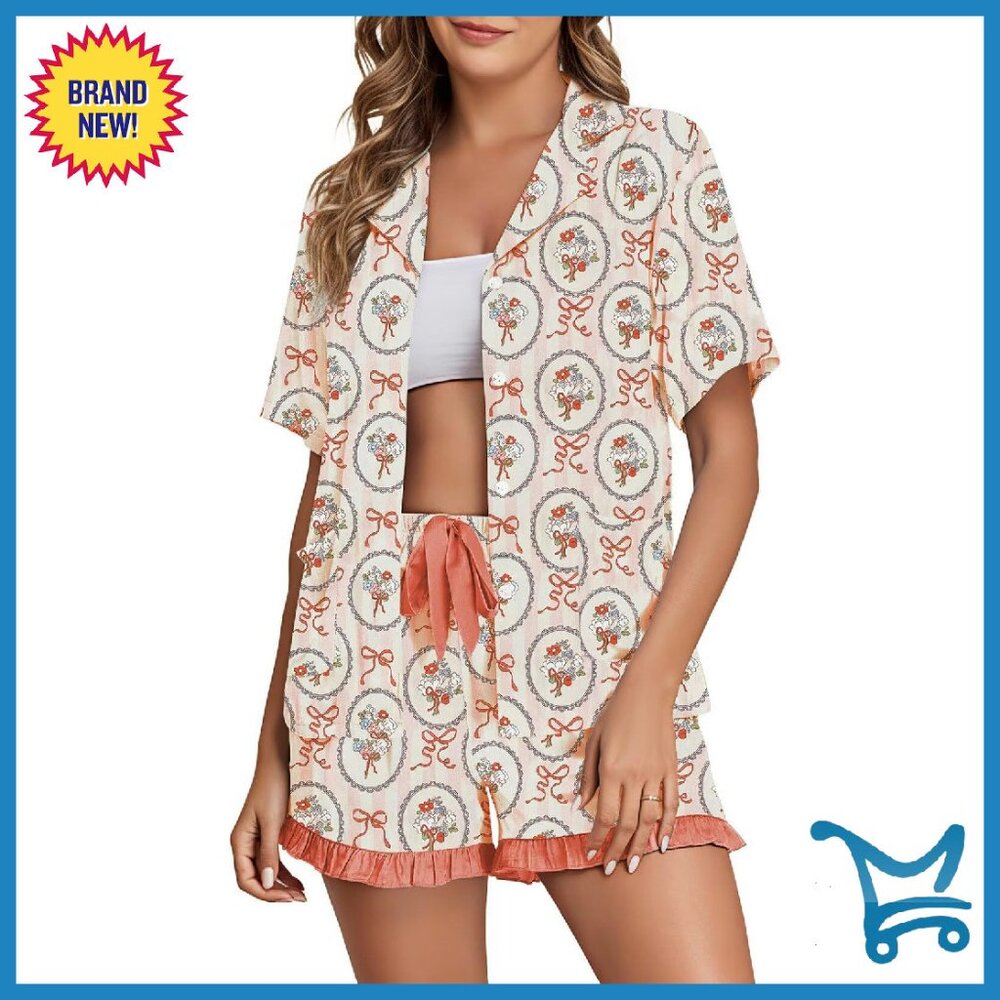 Silk Satin Pajama Set Short Sleeve Shorts Button Up Sleepwear